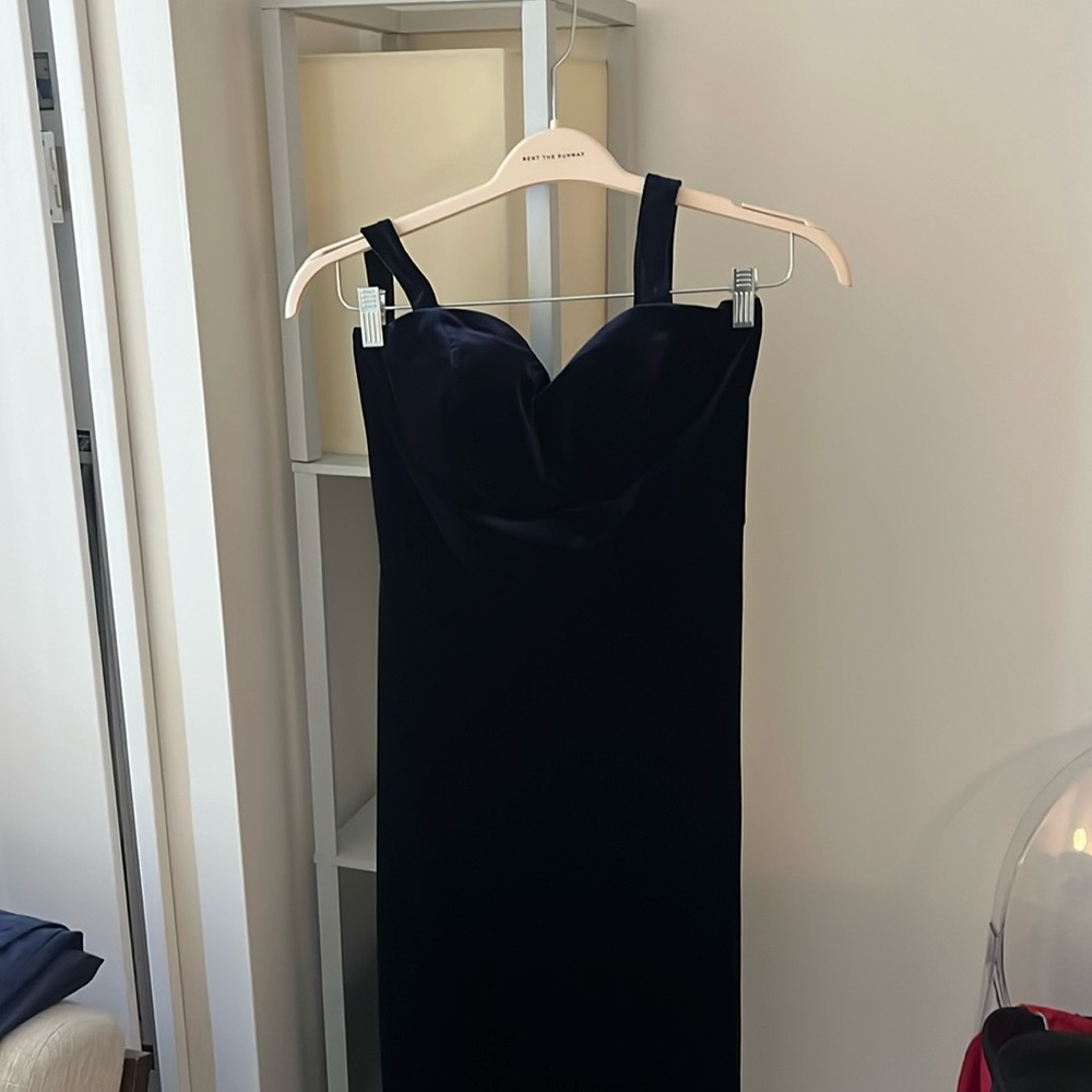 Velvet navy blue dress. Halter top with sweetheart neckline. Velvet buttons.